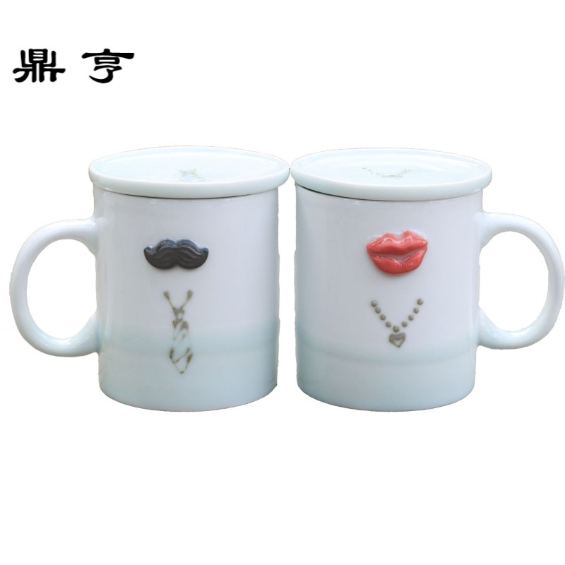 鼎亨情侣杯子一对创意潮流韩版马克杯带盖勺定制情侣水杯陶瓷牛奶