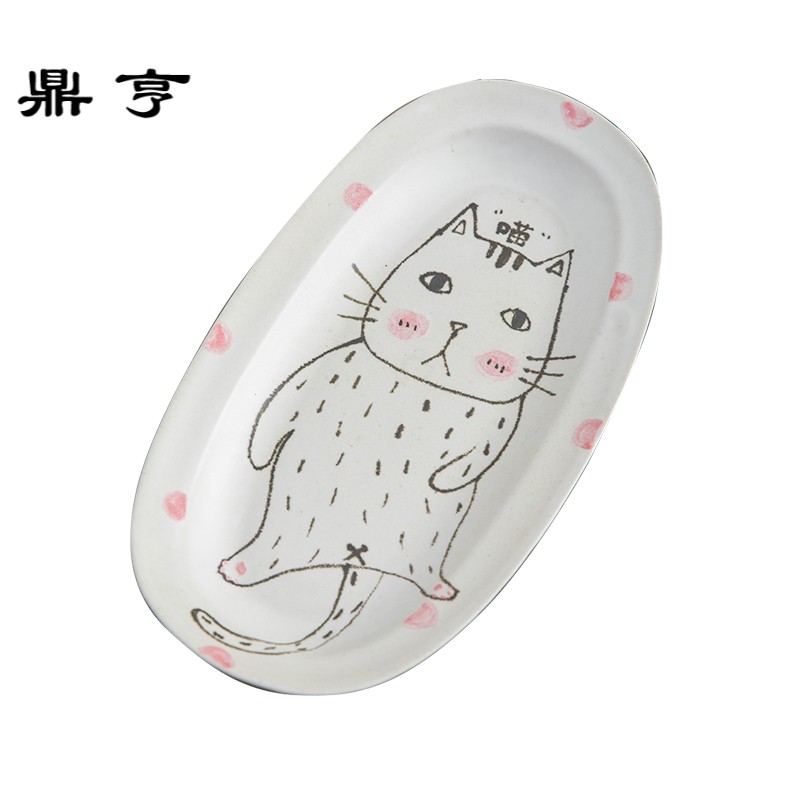 鼎亨创意日式大号手工长盘可爱深浅盘陶瓷汤盘菜盘碟卡通猫点心盘