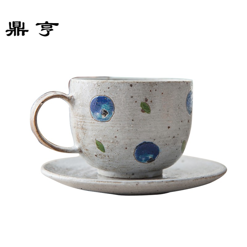 鼎亨燚坊粗陶创意复古陶瓷手绘马克杯咖啡杯带碟勺牛奶杯蓝莓杯盘
