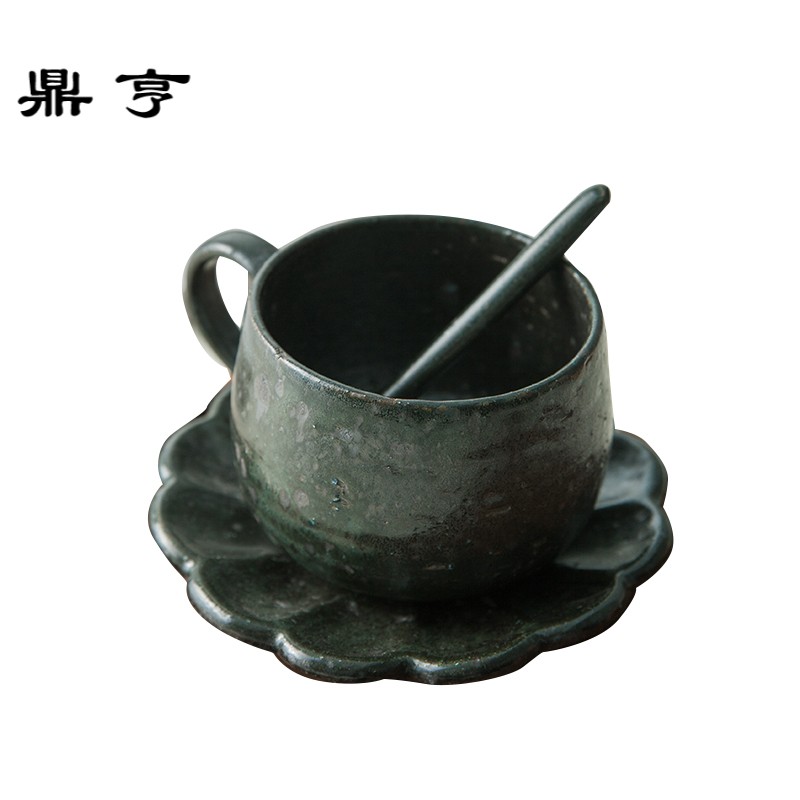 鼎亨燚坊日式设计师原创手工杯碟复古粗陶泥咖啡杯碟带勺祖母绿花