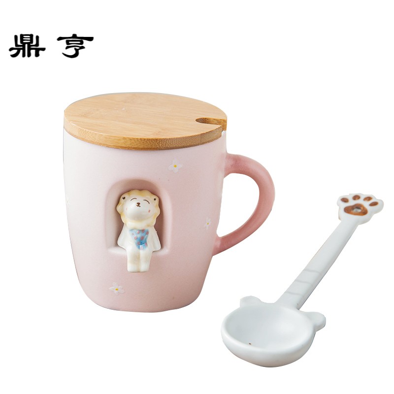 鼎亨 3d立体手绘动物杯创意卡通猫咪陶瓷杯子 咖啡杯马克杯带盖勺