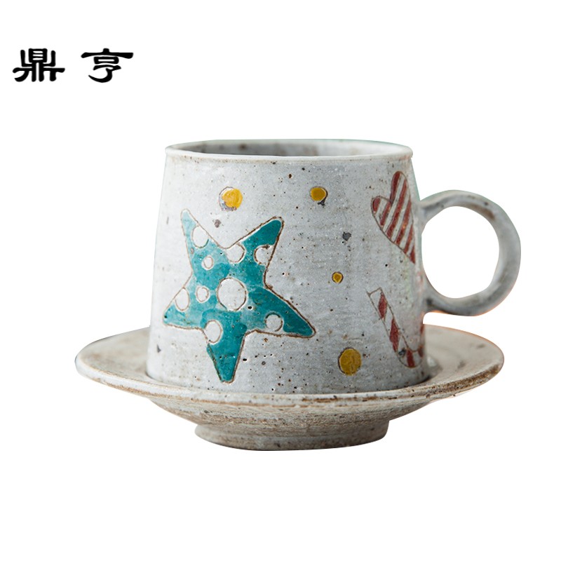 鼎亨日式创意手绘粗陶瓷 咖啡杯带碟水杯早餐杯马克杯圣诞