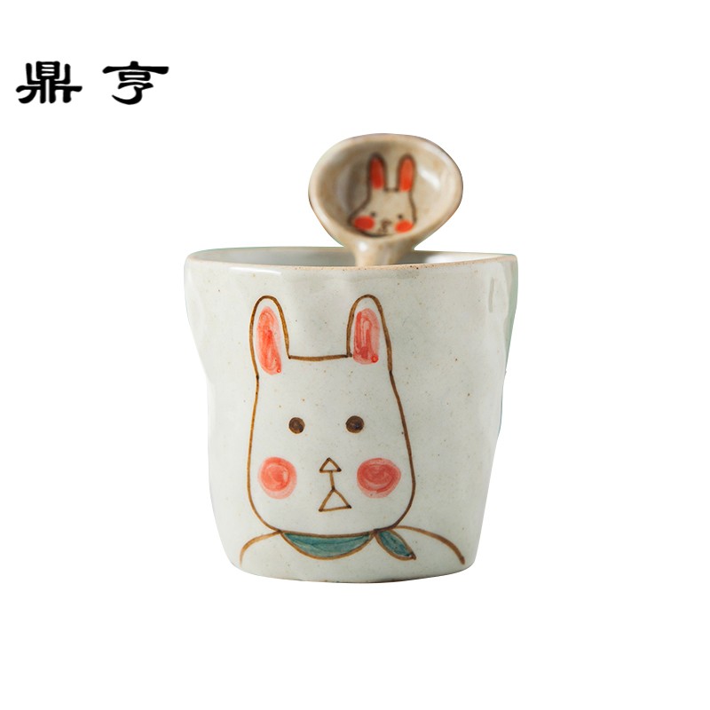鼎亨创意手捏 可爱卡通兔子狗熊猫杯子陶瓷水杯马克杯咖啡杯配勺