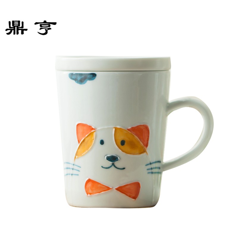 鼎亨包邮日式萌物猫狗陶瓷杯手工 咖啡杯带碟带盖卡通趣味水杯 牛