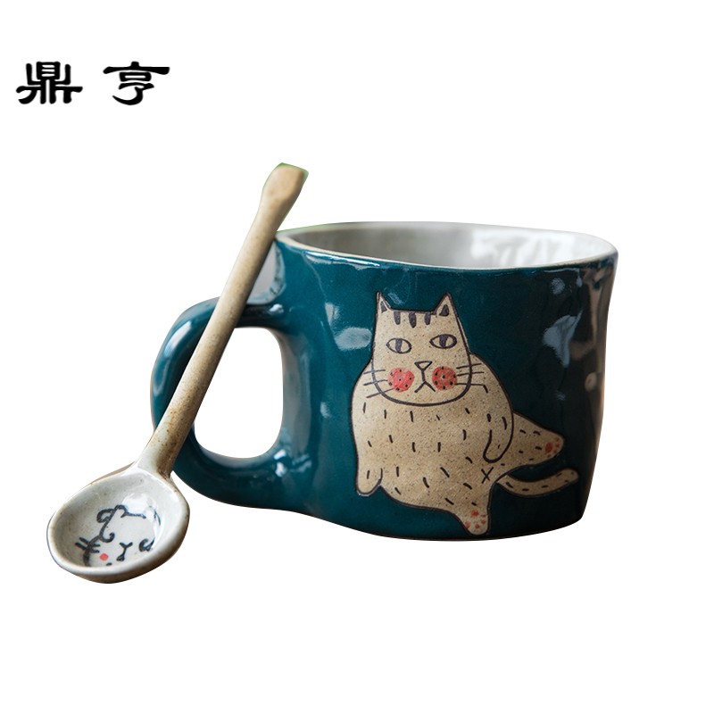 鼎亨日式手工捏制陶瓷马克杯水杯情侣款卡通可爱猫咪杯送勺麦片杯