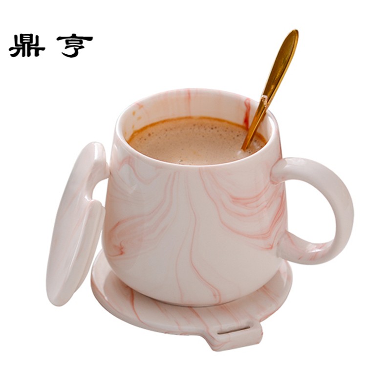 鼎亨北欧大理石纹杯子带盖勺陶瓷咖啡杯碟套装创意马克杯家用水杯