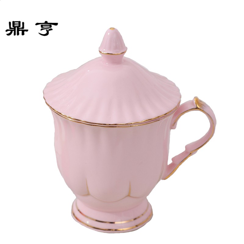 鼎亨创意手工描金边水杯带盖勺陶瓷简约咖啡杯水杯纯色少女粉色花