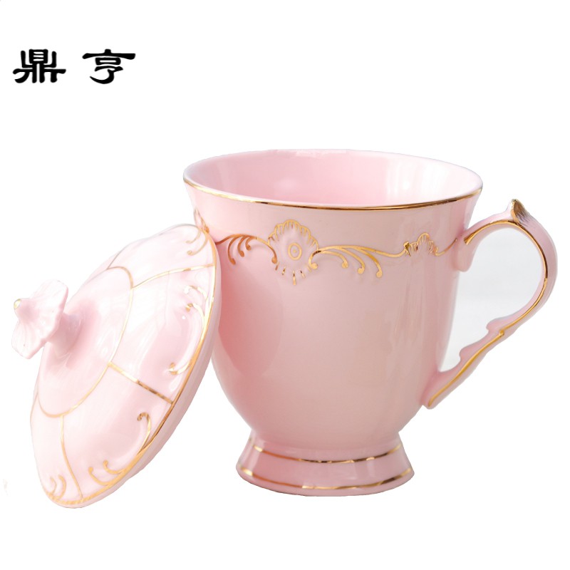 鼎亨办公室水杯带盖勺陶瓷欧式简约咖啡杯复古皇室水杯纯色英式泡