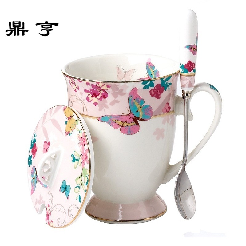 鼎亨创意陶瓷马克杯带盖勺时尚可爱水杯下午茶杯子欧式田园咖啡杯