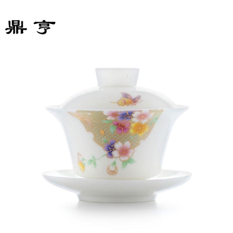 鼎亨德化白瓷三才盖碗茶杯描金白色陶瓷功夫茶具女士茶道玉瓷泡茶