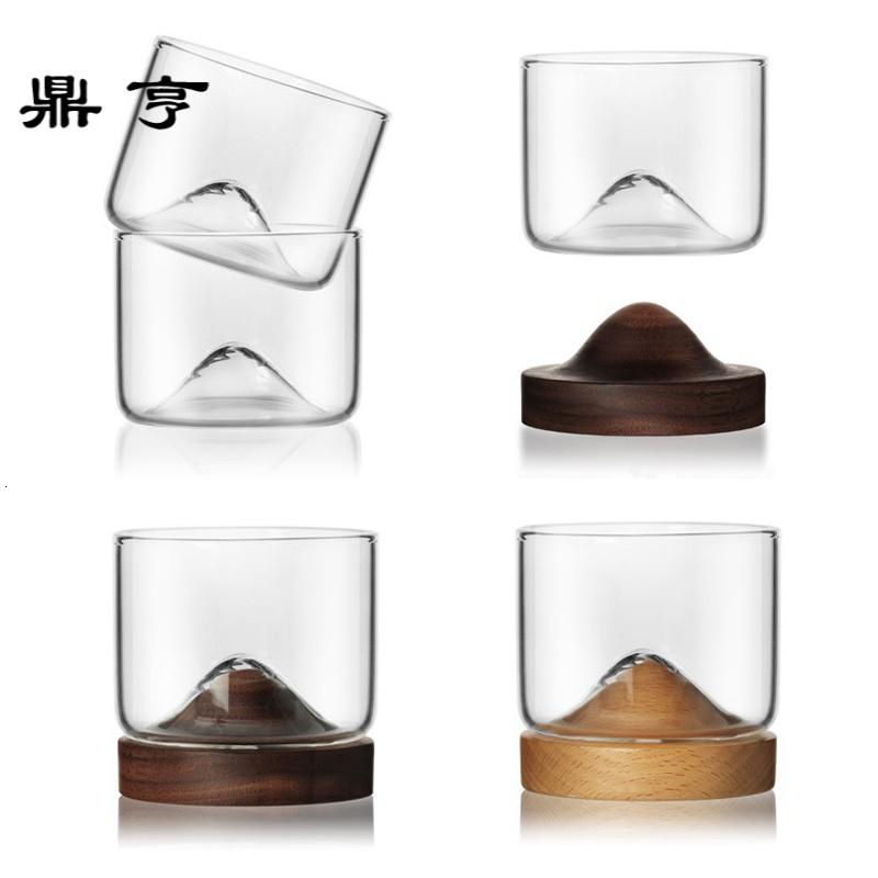 鼎亨日式玻璃品茗杯主人杯单杯个人功夫小茶杯木底小山个性小口杯
