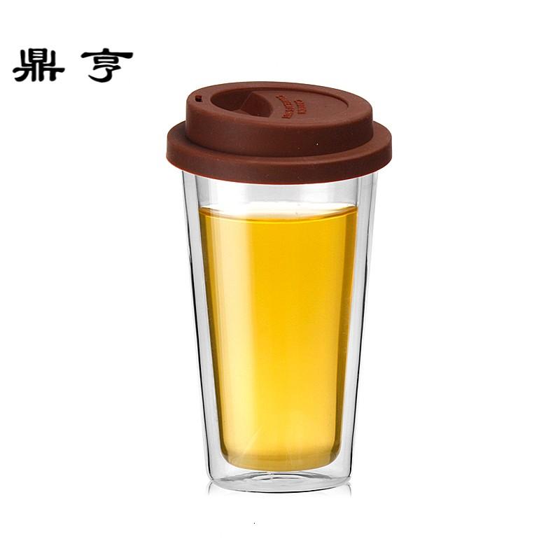 鼎亨双层耐热咖啡杯 便携马克杯办公带盖泡茶杯透明玻璃杯400ml