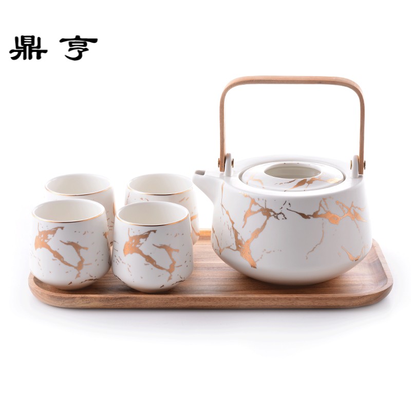 鼎亨日式金色大理石纹茶具套装哑光冲茶壶茶杯家用花茶壶配木托盘