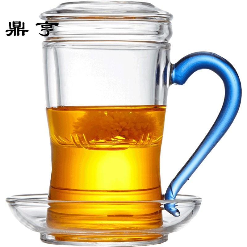 鼎亨玻璃茶杯 透明 加厚 过滤 带盖办公杯带手柄 创意 玻璃水杯