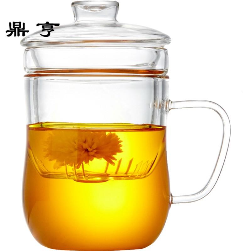 鼎亨耐热花茶杯玻璃杯子透明花茶杯玻璃泡茶带把玻璃茶杯带盖