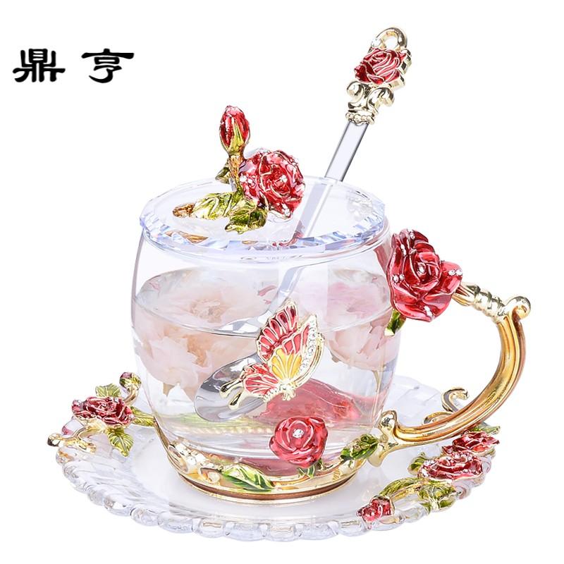 鼎亨欧式珐琅彩水杯玫瑰水晶玻璃水杯家用耐热花茶杯咖啡杯礼
