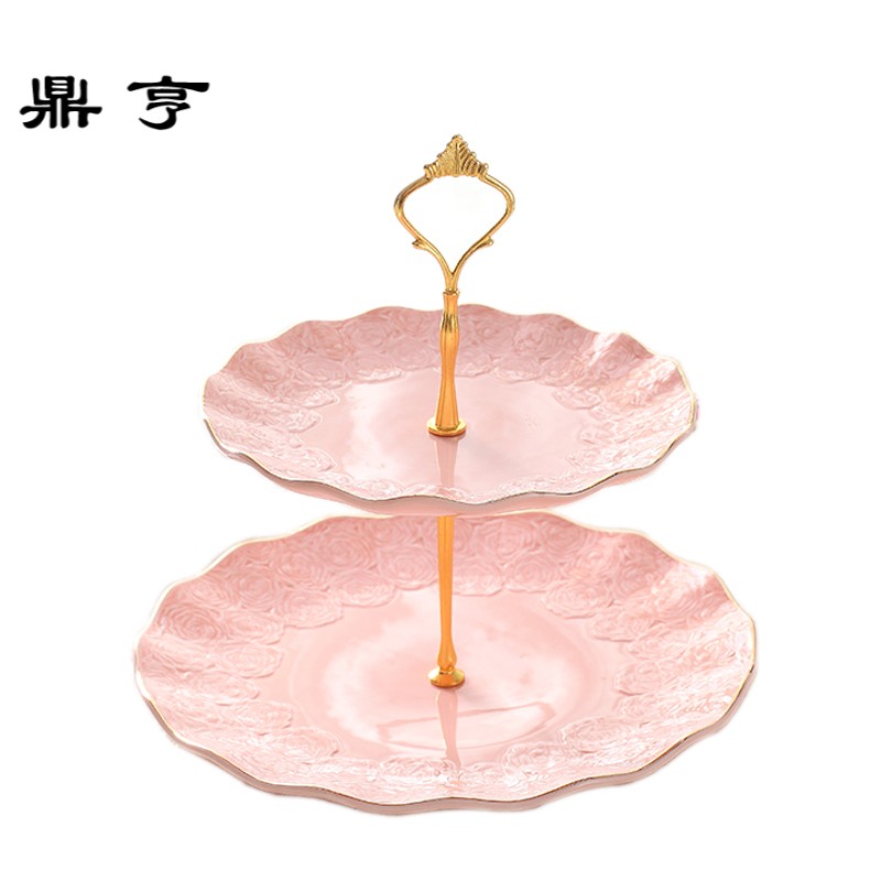 鼎亨陶瓷三层水果盘子创意欧式客厅蛋糕盘架双层干果盘下午茶点心