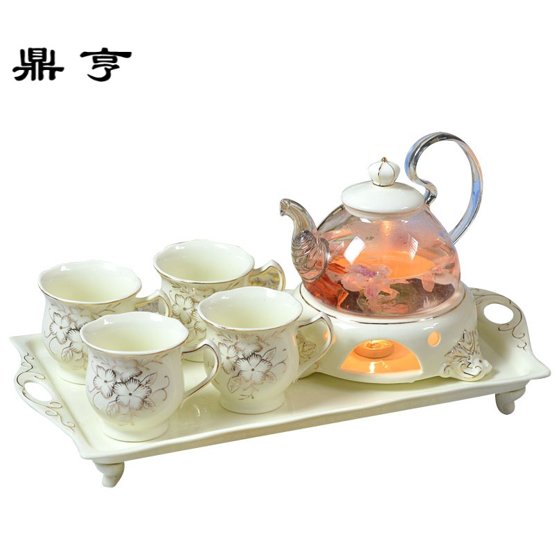 鼎亨欧式花茶壶煮水果套装带托盘陶瓷玻璃下午茶花茶具蜡烛加热
