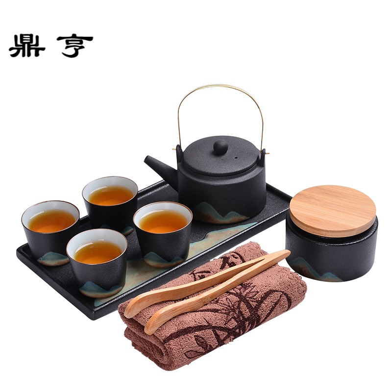 鼎亨日式功夫茶具套装家用和风提梁壶茶杯小茶台陶瓷釉画彩干泡盘