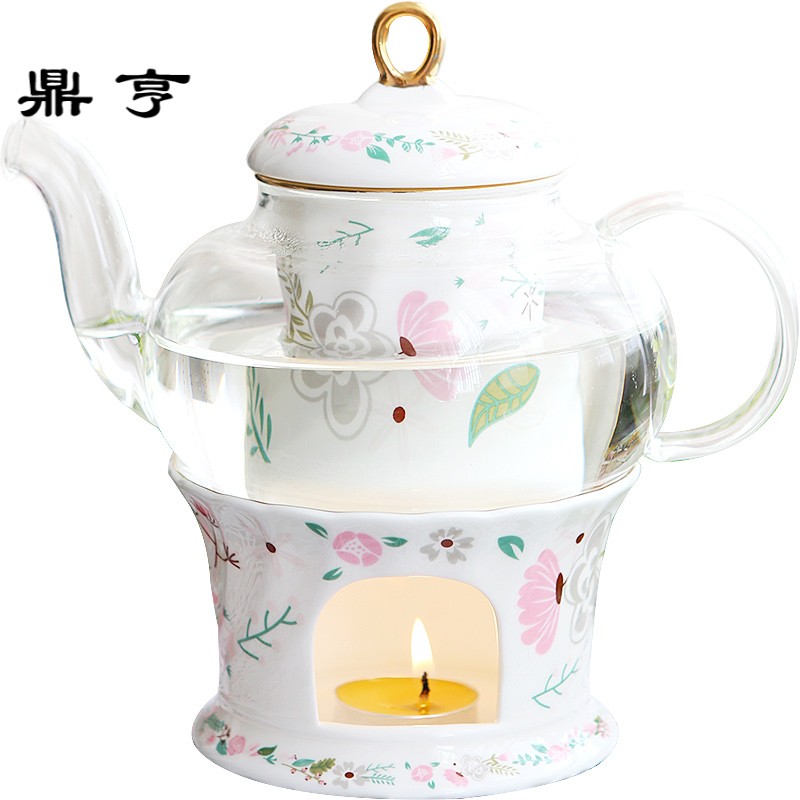 鼎亨 陶瓷玻璃花茶壶 骨瓷加厚耐热茶具 加热蜡烛煮水果茶壶