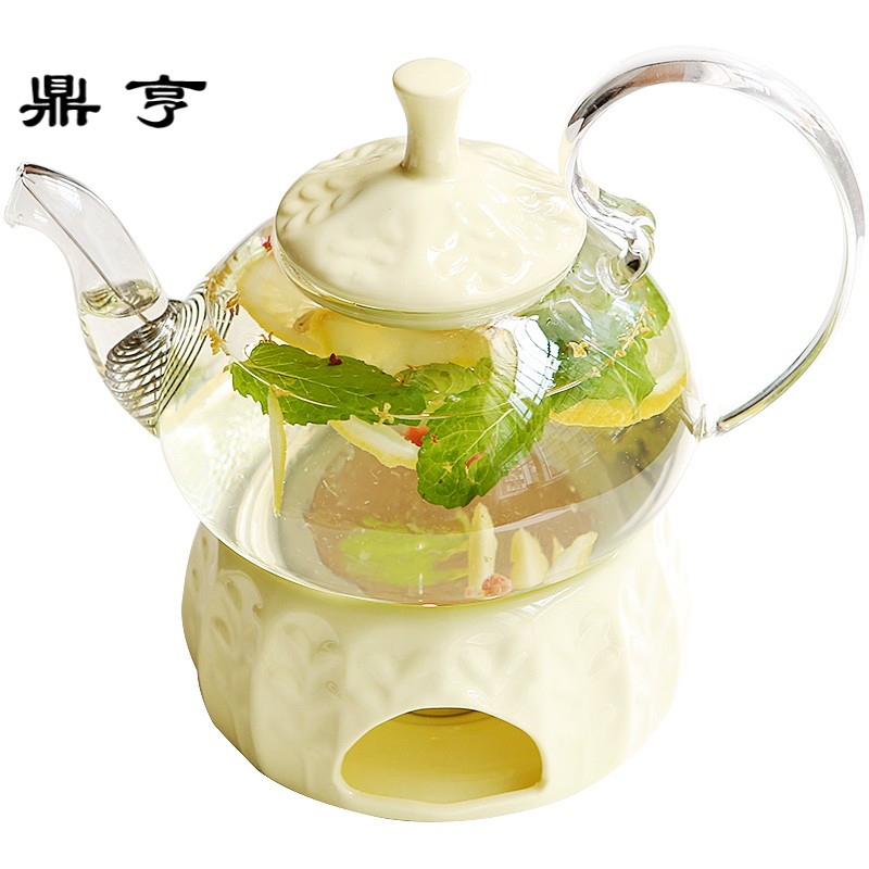 鼎亨陶瓷玻璃花茶茶具套装 耐热透明水果茶壶 蜡烛加热底座过滤