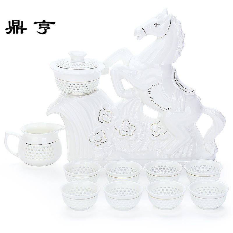 鼎亨陶瓷自动出水功夫茶具整套白瓷镂空创意工艺懒人不烫手茶杯套