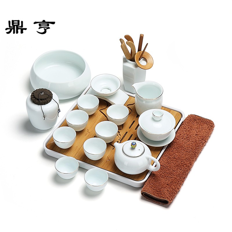 鼎亨 简约家用茶具套装羊脂玉白瓷手工描金陶瓷整套功夫茶壶茶杯