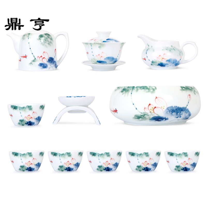 鼎亨功夫茶具套装陶瓷家用茶杯茶壶盖碗整套6人景德镇中式手绘青