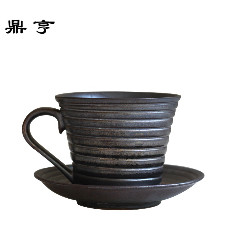 鼎亨景德镇创意手工鎏金咖啡杯套装复古创意带盖碟勺陶瓷杯简约情