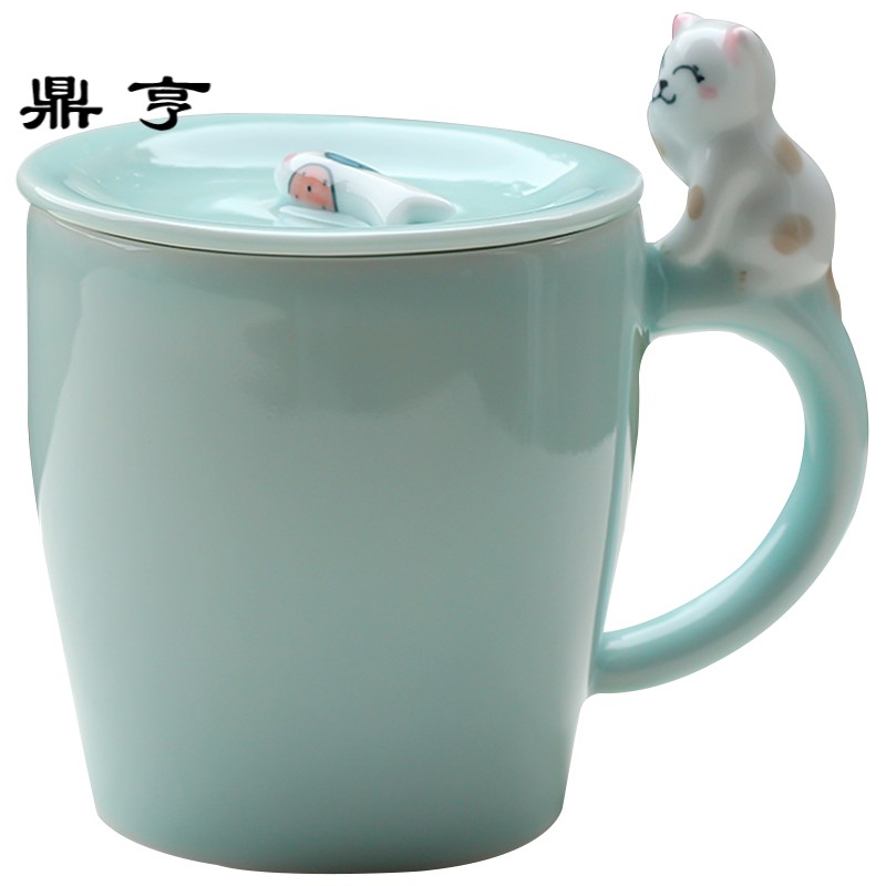 鼎亨创意猫咪青瓷马克杯子3D立体陶瓷杯 带盖勺个性情侣杯生日礼