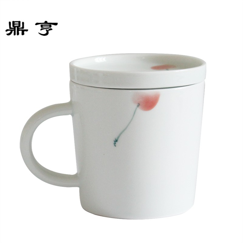 鼎亨景德镇手绘陶瓷马克杯高温陶瓷带盖勺咖啡杯创意早餐杯定制礼