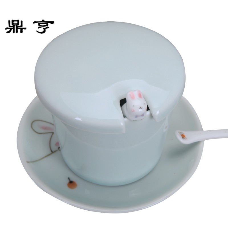 鼎亨创意卡通兔子陶瓷咖啡子个性简约带把手勺马克杯情侣杯定制礼