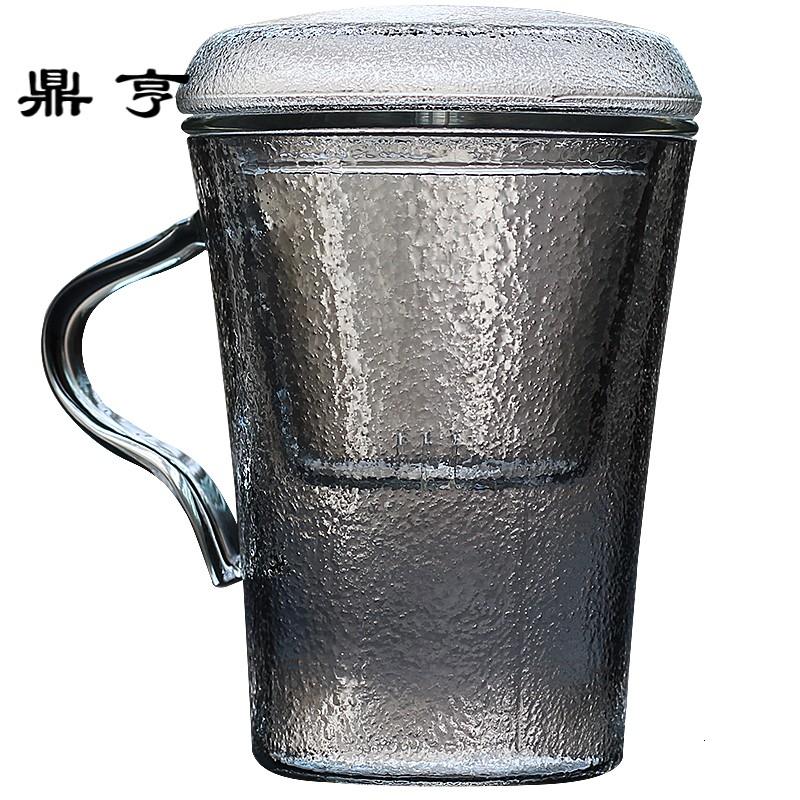 鼎亨手工日式锤纹玻璃杯带盖带把带过滤茶漏三件套耐热家用泡茶杯