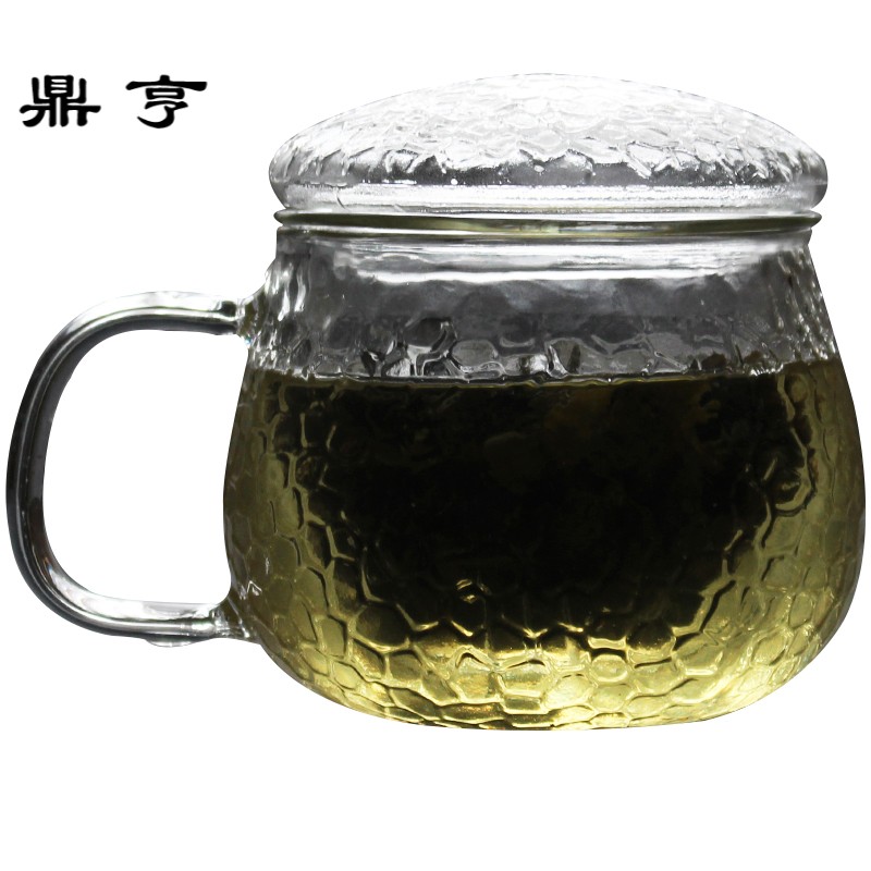 鼎亨日式锤纹泡茶玻璃杯耐热玻璃杯透明茶杯办公室带盖带过滤茶杯
