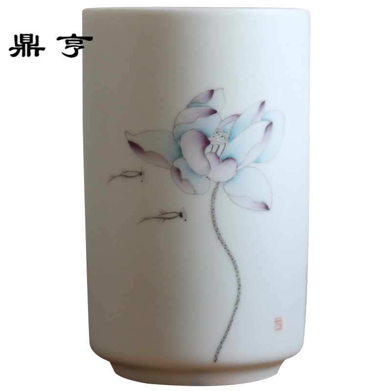 鼎亨景德镇手工手绘荷花白釉陶瓷杯带勺马克杯情侣杯牛奶杯早餐杯