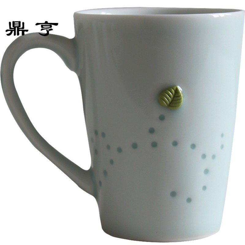 鼎亨景德镇创意刻玲珑马克杯带把勺咖啡杯青釉陶瓷马克杯情侣杯
