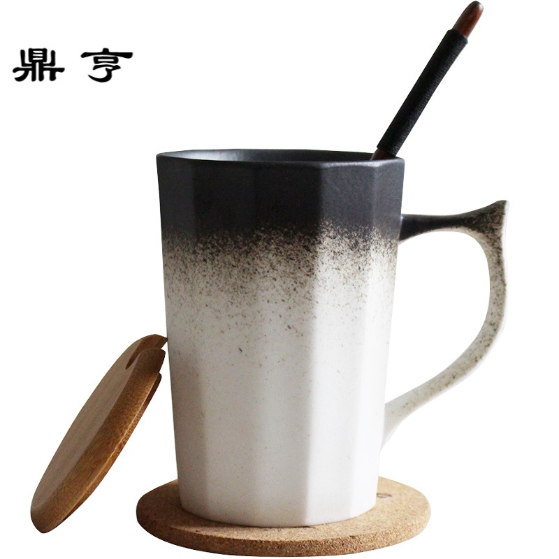鼎亨日式创意复古带盖勺陶瓷马克杯磨砂咖啡杯情侣茶杯教师节定制