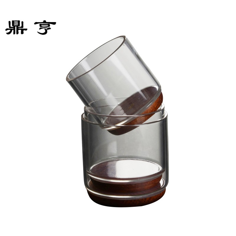 鼎亨手工原创日本三才玻璃茶杯套装耐高温 红檀木底3只装