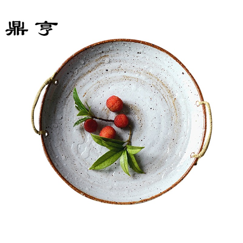 鼎亨日式创意餐具果盘手工粗陶盘家用复古做旧麻绳圆形托盘菜盘汤