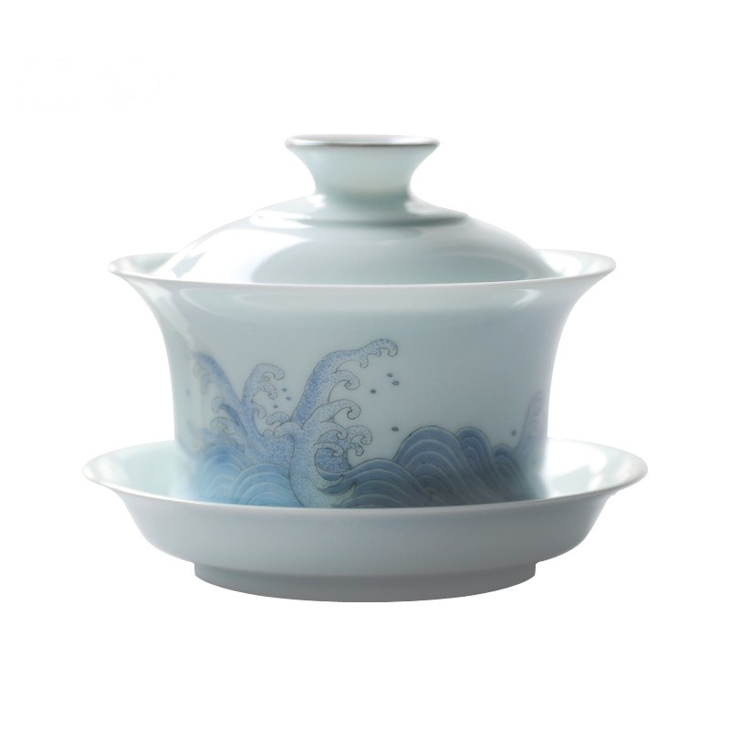 鼎亨春泥纹影青盖碗大号茶杯茶具陶瓷功夫白瓷泡茶三才景德镇品