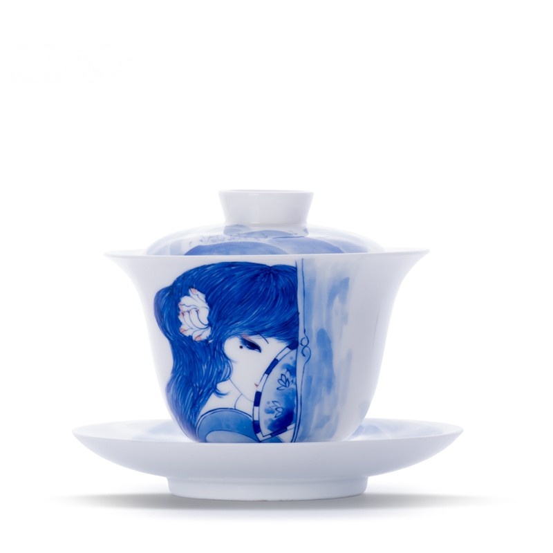 鼎亨景德镇陶瓷器功夫茶具釉下彩三才碗手绘盖碗手工泡茶碗人物青