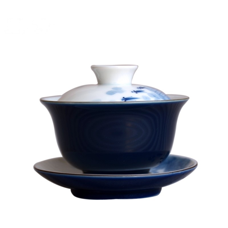 鼎亨景德镇霁蓝手绘盖碗茶杯功夫泡茶碗家用陶瓷三才盖碗天地泡茶