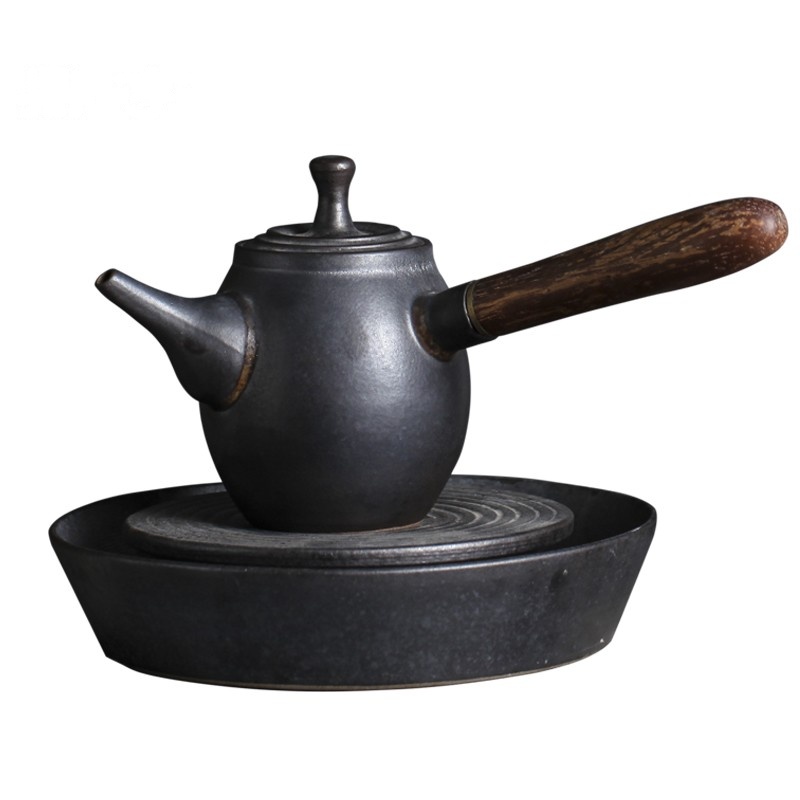 鼎亨 纯手工木质把手陶壶陶瓷泡茶壶 粗陶茶具 台湾侧把壶