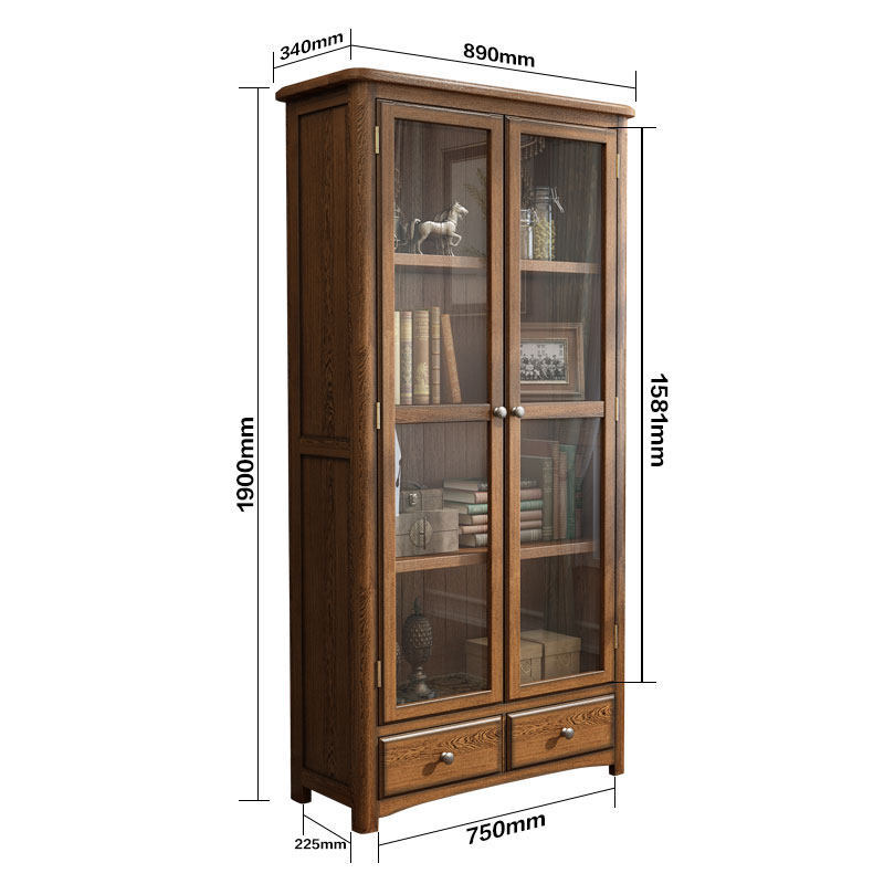 喜之林全实木美式书橱客厅书房书柜带玻璃实木置物格子书架柜子 展示柜 0.8-1米宽
