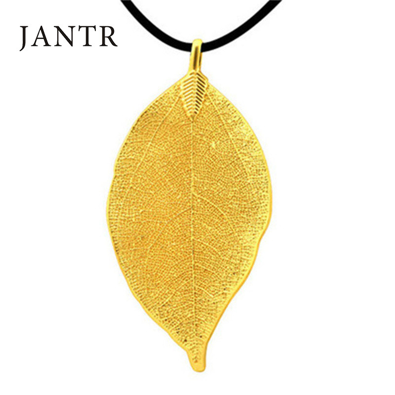 JANTR冬款毛衣链创意叶子吊坠天然树叶项链镀金色防过敏时尚百搭