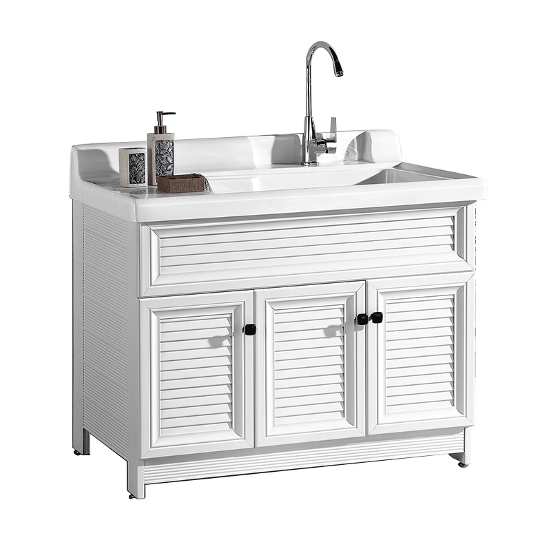 美涛(MEITAEIPAI)卫浴家具石英石 太空铝实木浴室柜组合洗脸盆柜洗漱池带搓衣板卫生间靠墙式清新风三开门