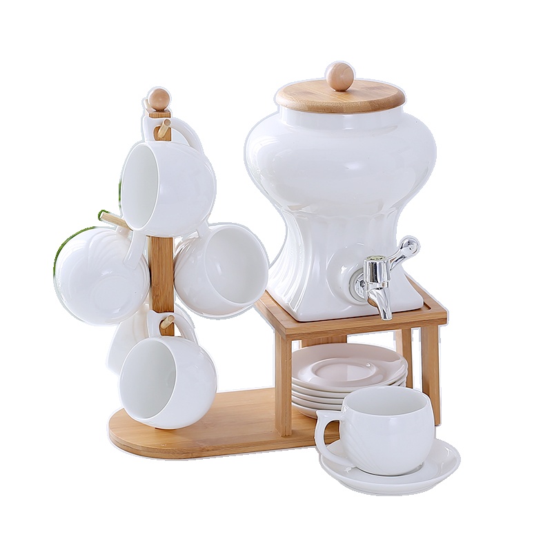 欧式陶瓷咖啡杯套装挂杯式大容量水具配水龙头白瓷水壶咖啡杯套装