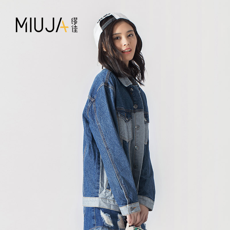 女款拼接磨白BF风宽松牛仔外套