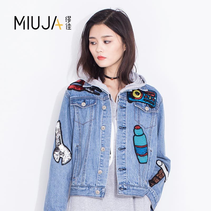 女款翻领贴布绣牛仔外套