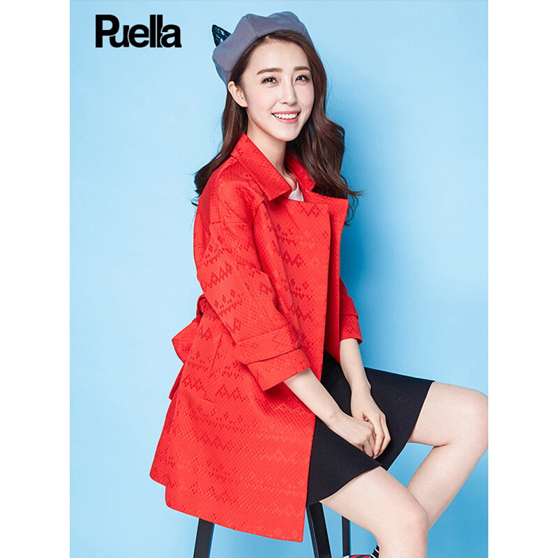 拉夏贝尔Puella普埃拉2018 春装新款纯色西装领中长款外套风衣女20007701